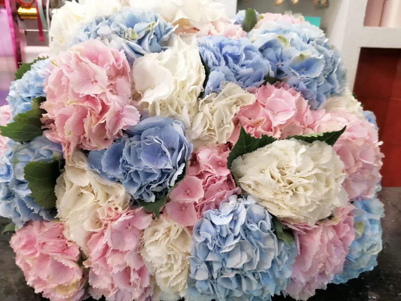 A large round bouquet of fresh hydrangeas in soft pastel shades of white, pink, and blue, arranged in a lush and elegant style