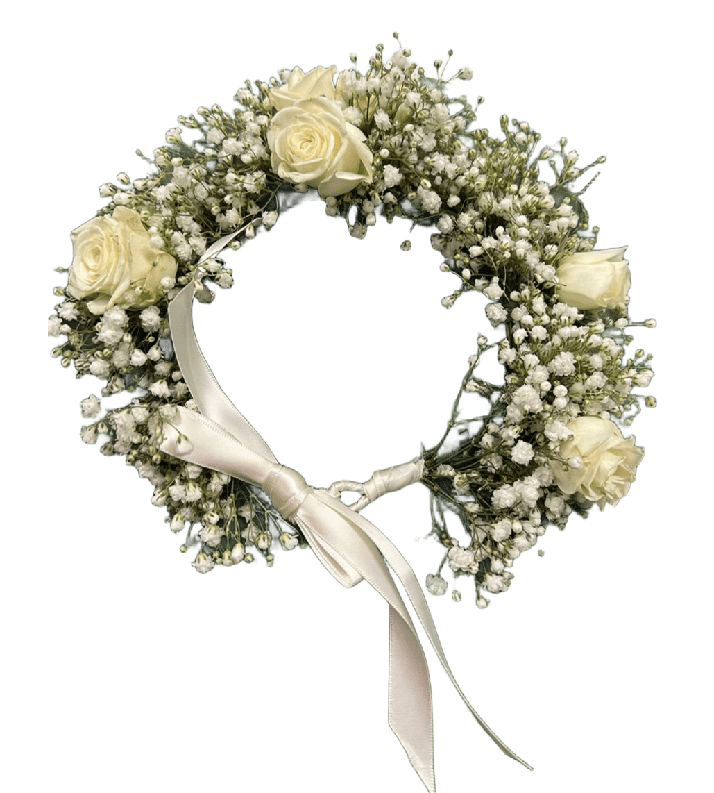 Handcrafted wedding flower crown made with fresh seasonal blooms, ideal for bridesmaids and flower girls. Elegant floral headpiece for weddings and romantic celebrations.