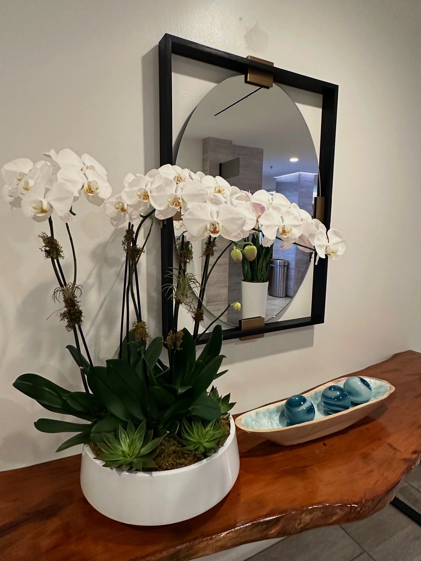 Elegant arrangement of white orchids with succulents, greenery, and air plants in a sculptural white vase.