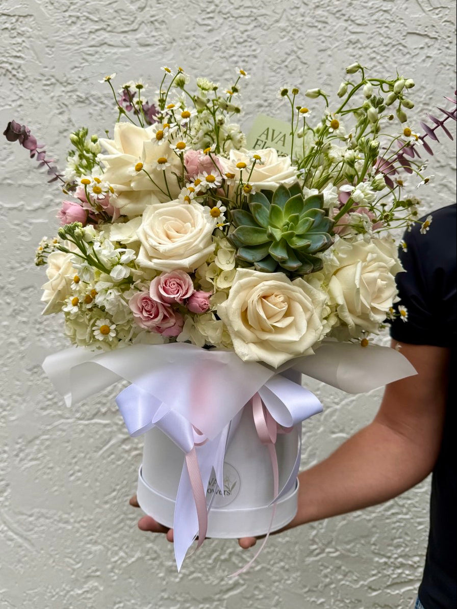 Bouquet of flowers in a white box held by a person against a light gray background