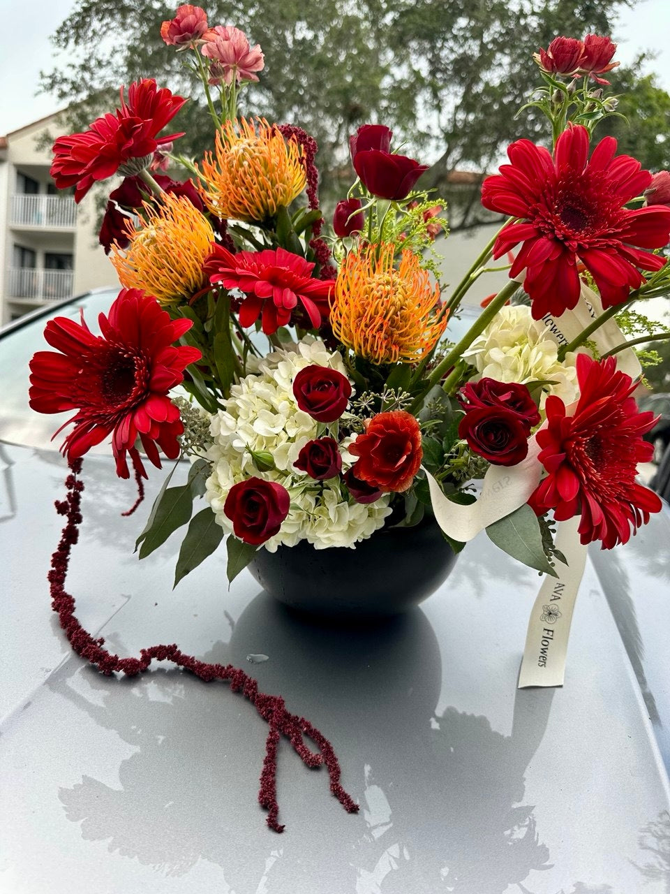 Scarlet Charm flower composition with vibrant red gerberas, exotic orange pincushion protea, white hydrangea, spray roses, and seasonal blooms in a stylish vase — a bold and elegant floral arrangement.