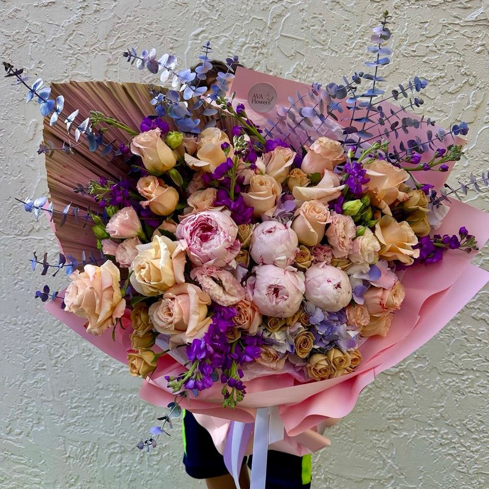Extravagant XL bouquet with peonies, blush roses, hydrangea, and eucalyptus by AvaFlowers in Hollywood, Florida